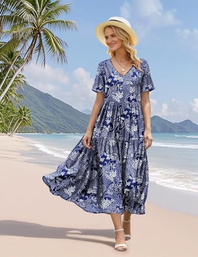 Image of YESNO Women's Summer Maxi Dresses Casual Floral Short Sleeve V Neck Boho Beach Vacation Swing Dress with Pockets EVF