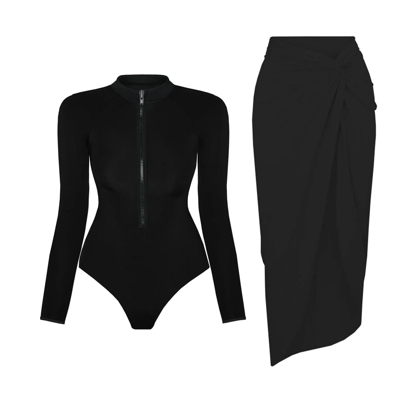 Costume da Bagno Nero Rash Guard Donna 2 Pezzi Manica Lunga Zip Anteriore Upf50-set2-m