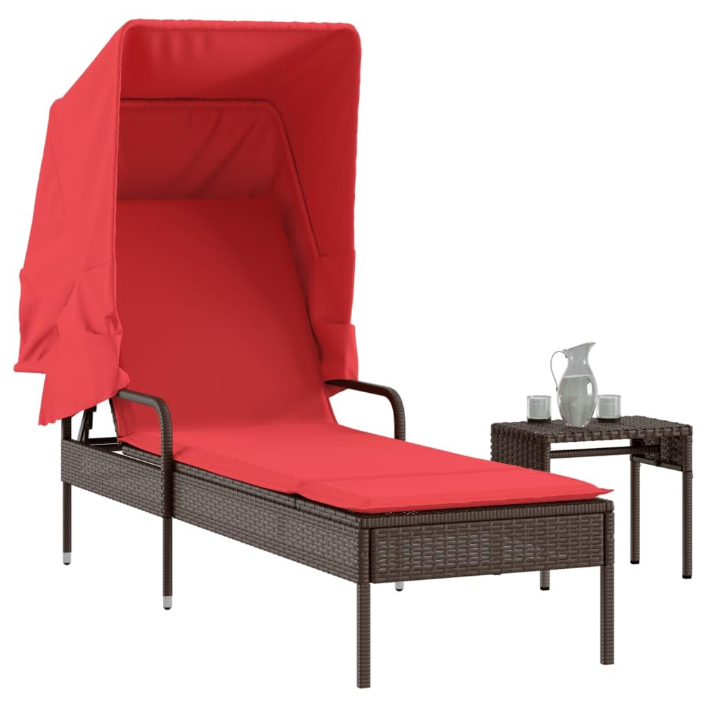 Lettino prendisole con tettuccio parasole e tavolo marrone, in polyrattan, regolabile con imbottitura, resistente alle intemperie, per giardino, terrazza, balcone e piscina, sdraio ergonomico