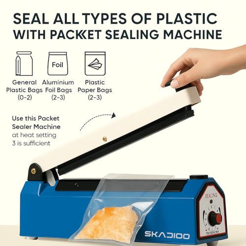 Image of SKADIO Sealing Machine for Food Packets | 12 Inch Blue Metal Body with Adjustable 8 Level Timer Control, Compact Hand Press Design for Home & Shop Use | Durable Packet Sealer Machine for Plastic Bags