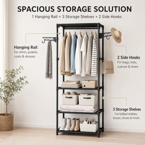 Image of AARKRI SALES 3-Tier Clothes Rack with Wheels, Double Hanging Rod Garment Rack, Multi-Layer Shoe Storage Organizer, Heavy Duty Metal Frame with Hooks for Bedroom Entryway (Black Garment Rack)