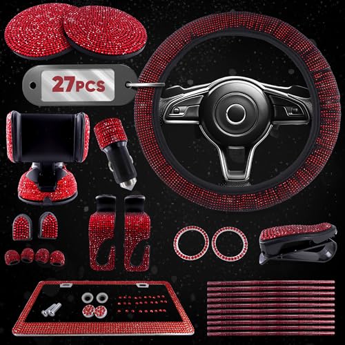 Red Bling Car Accessories Set, 27 Pieces Car Interior Set Including Steering Wheel Cover, Diamond License Plate Frame, Phone Holder, Coasters, Hooks, Great Gift for Women Drivers