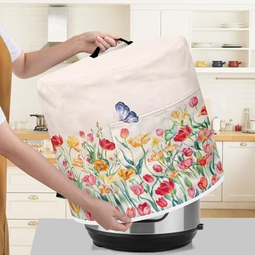 Image of Cozeyat Tulips Butterfly Pressure Cooker Air Fryer Cover,Round Pressure Cooker Dust Cover,Protective Cover with Pocket Kitchen Appliances for Electric Pressure Cooker Air Fryer Rice Cooker Steamer