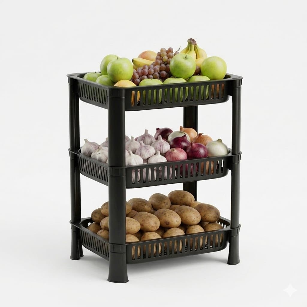 Kitchen Storage Rack, 3 Layer, Black | Plastic, Vegetable & Fruit Organizer-image-1