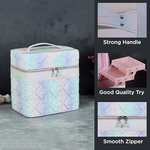 Image of NFI essentials Makeup Box, Vanity Bag, Cosmetic Storage Organiser for Women, Train Case Travel Makeup Pouch Organizer Brush Holder Make up Artist Bridal Trousseau Box for Girls (Quilted)