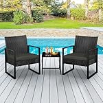Yaheetech 3 Pieces Rattan Bistro Set, Indoor/Outdoor Wicker Patio Modern Conversation Furniture, 2 Chairs & Tempered Glass Coffee Table for Garden, Balcony, Backyard, Poolside, Black/Gray - Image 3