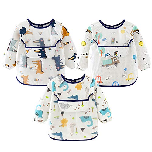 Discoball 3 Pcs Baby Bibs with Sleeves Waterproof Feeding Bib Unisex Baby Dribble Bibs Painting Apron Bibs Adjustable Closure with Large Pocket for Infant Toddler 6 Months to 3 Years Old