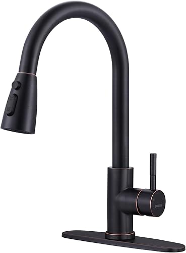 Miniatura 1 de WOWOW - Grifo de cocina de bronce con rociador, grifo de fregadero de cocina de acero inoxidable aceitado, grifos de cocina de arco alto para