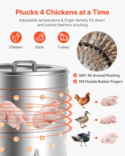 Image of VEVOR Chicken Plucker Machine, 25.6 in Drum, 1200W & 275RPM Electric Chicken Plucking Machine with 158 Soft Fingers & Transport Wheels, Stainless Steel Feather Remover for Processing 4 Chicks Once
