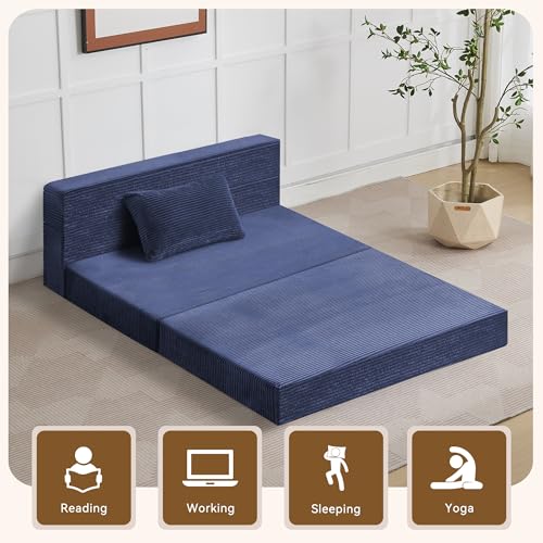 WUTUTUEE Folding Sofa Bed Convertible Floor Couch Foldable Chair Bed with Pillow，Linen Sleeper Chair Futon,Foldable Memory Foam Mattress for Bedroom/Living Room/Dorm/Office (Corduroy Navy, Standard) — view 6