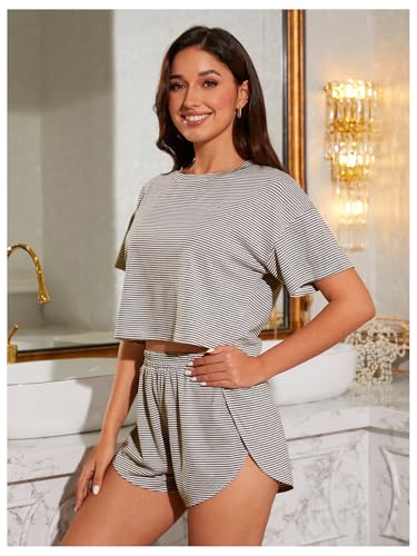 Image of OYOANGLE Womens Pajama Sets 2 Piece Sexy Lounge Sets Summer Cute Pjs Striped Print Tee and Side Split Shorts Set