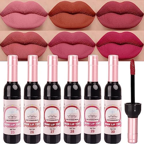 evpct 6Pcs Wine Bottle Lip Tint Stain Warm pink neutral Nude brown Deep cranberry Mauve pink Berry pink Matte Liquid Lipstick Lip Gloss Set for Women labiales mate 24 horas originales en forma de vino