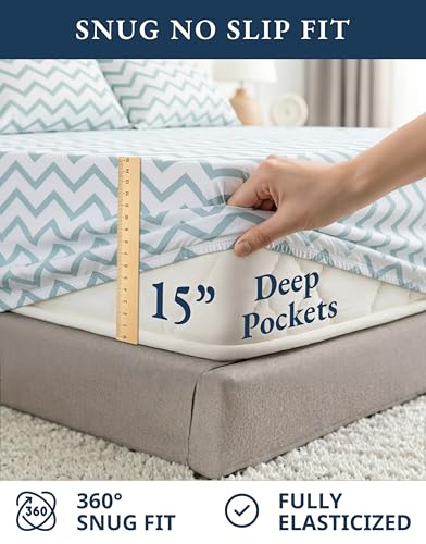 Image of LANE LINEN 100% Organic Cotton Full Size Sheet & Pillowcase Sets, Fully Elasticized Soft & Comfy Printed Percale Bedding, Temperature Regulating Printed Cotton Sheets Full - Chevron