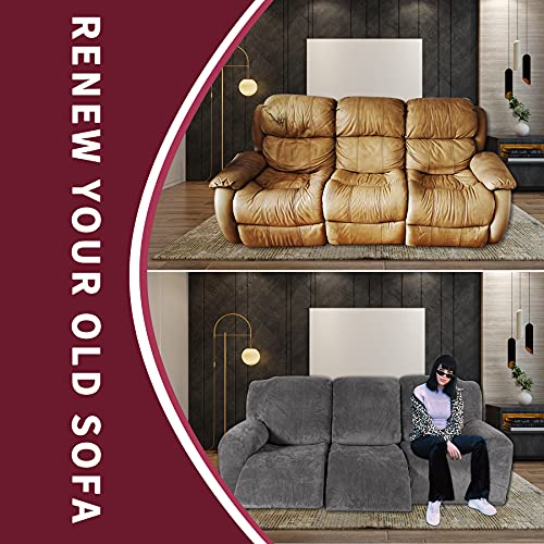 Velocvil 8 Pieces Recliner Sofa Covers For 3 Cushion Couch, Velvet Stretch Reclining Couch Cover For 3 Seat, Washable Furniture Protector Slipcover For Kids Dogs, Dark Grey #TOP4