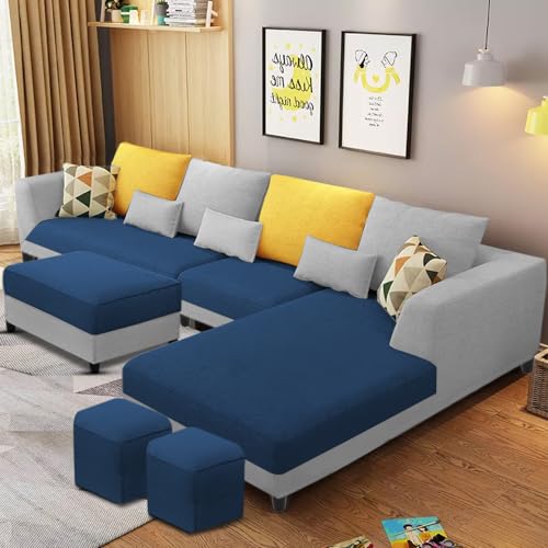 Image of Galib RHS 8 Seater L Shape Sofa Set for Living Room (Blue Grey Fabric) Premium Fabric Sofa