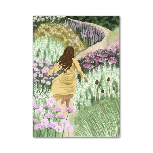Cuadro de lienzo de niña con flores, arte de pared sin marco de 30x40cm para hotel