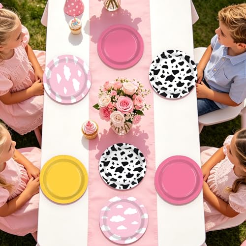 Image of 60Pcs Toy Paper Plates 7 inch Pink Yellow Cow Cloud Heavy Duty Paper Plates | Toy Cartoon Theme Disposable Dessert Cake Platters for Girls Baby Shower Birthday Party Supplies