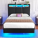 Brinlawb Lit Flottant 90×200 cm avec Multiprise (2 Prises, 1 USB A, 1 USB C) et Éclairage LED, Cadre de Lit 90x200 avec Sommier et Tête de Lit Rembourrée, Solide et Stable Lit 1 Personne, Lin Gris