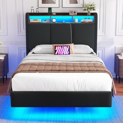 DICTAC Floating Single Bed Frame with Upholstered Storage Headboard, LED Lights & Charging Station (2 AC Sockets, 1 USB-A Port and 1 USB-C Port) 3ft Upholstered Single Bed with Solid Wood Slats, Grey
