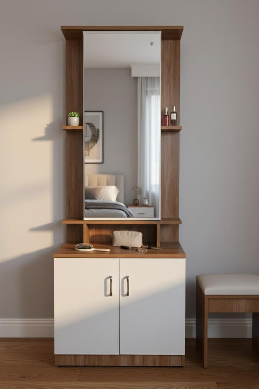 Dressing Table with Storage, Pre-Assembled Furniture with Mirror Dressing Table with Mirror and Light| 4 Shelves, 2 Cabinet Wooden Vanity Dressing Table for Bedroom with Storage Cabinet-image-34