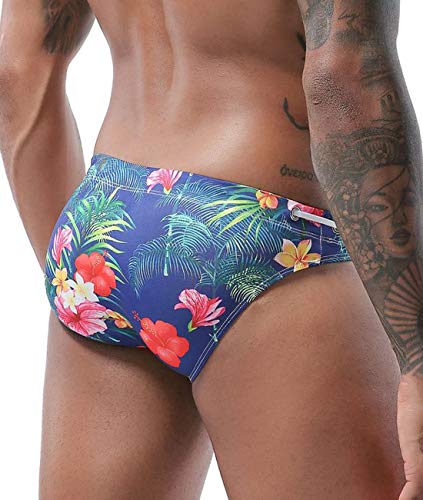 MIZOK Men's Sexy Low Rise Flowers Print Quick Dry Swim Briefs Bikini Swimsuit Swimwear2