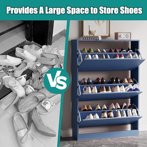 Image of Xixini Shoe Storage Cabinet for Entryway with 3 Flip Drawers, Sturdy Wood Hidden Shoe Storage, Freestanding Narrow Slim Shoe Organizer for Front Door Entrance, Living Room, Hallway, Bedroom, Blue