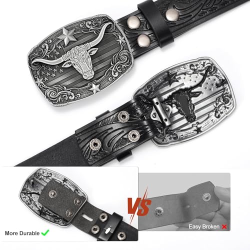 Image of SANSTHS Western Cowboy Belts for Men Women, Mens Western Belt Bull Buckle Country Belt Cowboy Leather Belt for Jeans