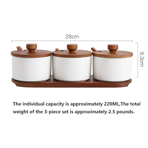 WINRIOO Ceramic Condiment Container with Lids and Spoons,Spice Jars Set of 3 for Sugar Salt Pepper Spice Pots Bowl,with Wooden Tray for Serving, Counter, Home, Kitchen