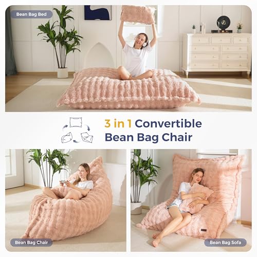 Image of MAXYOYO Giant Bean Bag Chair with Pillow, 3 in 1 Convertible Bean Bag Chair for Adults with Removable Cover, Floor Cushion Stuffed Floor Lounger for Living Room Bedroom, Bubble Blush Pink