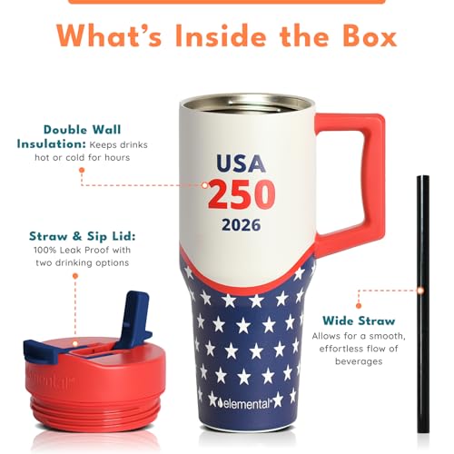 Image of Elemental 100% Leak Proof 32oz Tumbler with Handle & Straw Travel Mug | Stainless Steel Double Wall Insulated Tumbler for Hot and Cold Beverages with Sip & Straw Lid