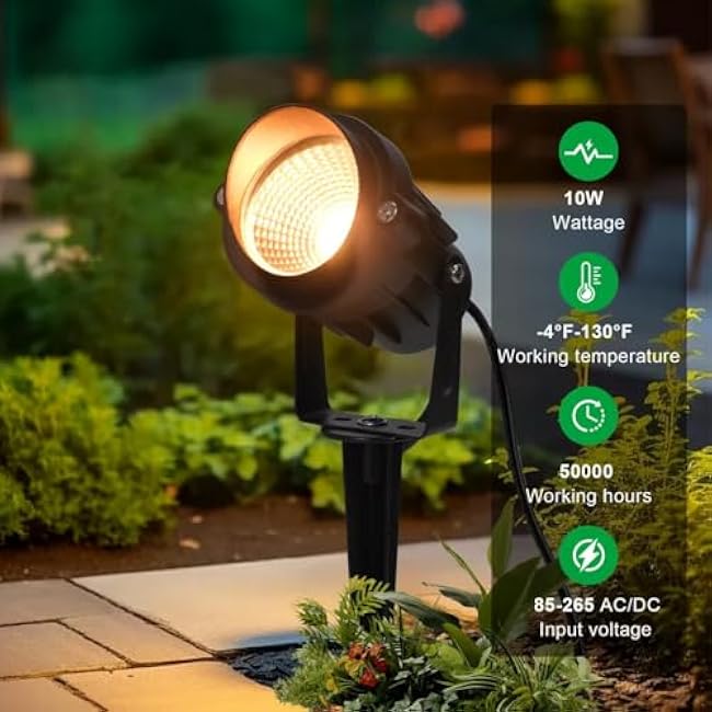 Outdoor Landscape Lights 10W Outdoor Lighting 3000K Warm Light with Stand & COB Led Spotlights for Yard Lawn Flag, 1000LM Waterproof Landscape Lighting 5.9 FT Plug Cord
