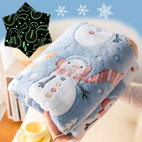 Christmas Snowman Blanket Gift, Glow in The Dark Blanket, Cozy Soft Fleece Blanket for Holiday Décor, Children Boys Girls Teens Holiday Theme Blanket, 50"*60", Kids Blanket, Sky Blue
