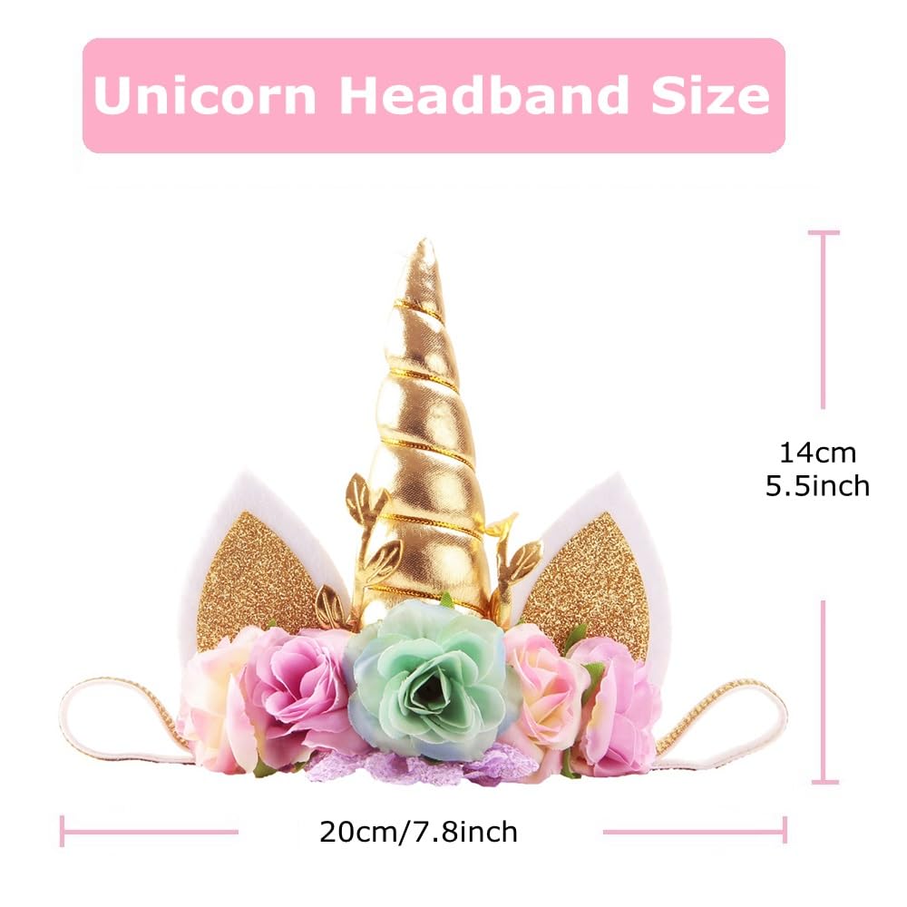 Nishine Roses Floral Unicorn Horn Headband Elastic Baby Girls Unicorn Hairband Party Supplies (Gold&Mint) - Image 2