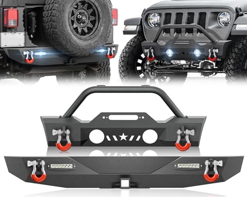 Image of YZONA for Wrangler JK Front and Rear Bumpers Compatible with 2007-2018 Jeep Wrangler JK JKU Unlimited 2 /4 Doors with Winch Plate, Bull Bar, LED Lights, OE Fog Light Holes, 2 inch Hitch Receiver & D-rings