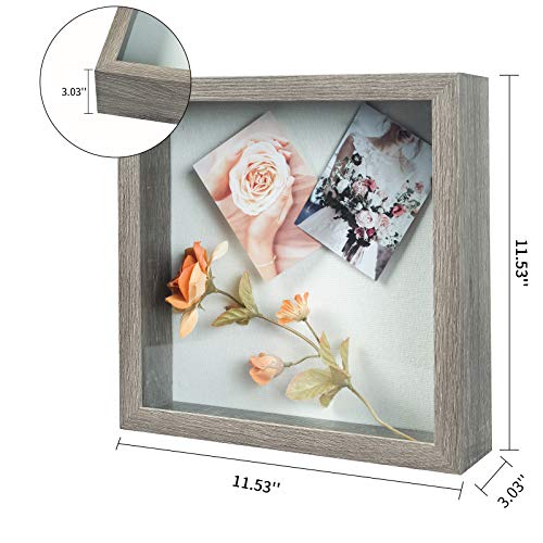 Image of Muzilife 11x11 Shadow Box Picture Frame with Linen Board Wood Glass Deep Display Case Ready to Hang Memory Box Baby Sports Memorabilia, Awards, Medals, Wedding, Tickets, and Photos (Texture Gray)