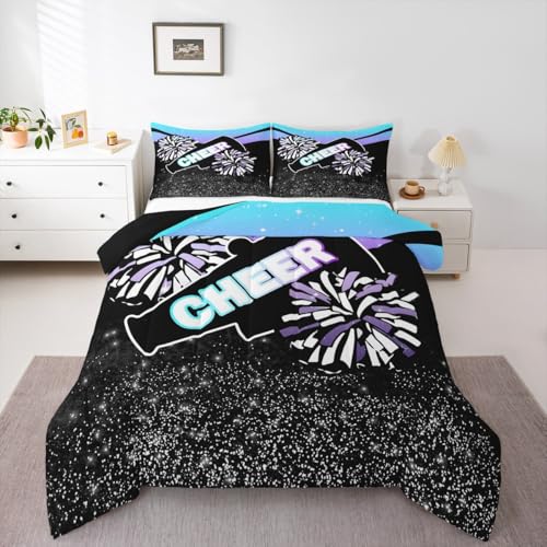 Image of Feelyou Blue Purple Cheer Comforter Set Dreamy Girly Gymnastic Sports Comforter for Kids Boys Girls Gymnastics Lovers Bedding Set Cheer Sports Duvet Set Room Decor Quilt King Size Boys