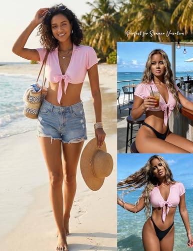 Image of Avidlove Sexy Tops for Women Tie Front Crop Top Short Sleeve Deep V Neck School Girl Outfit Cosplay Lingerie Rave Top