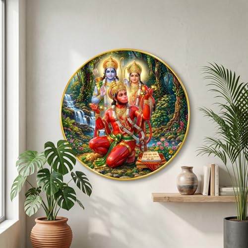 Image of SAF Ram Sita with Hanuman Wall Art with PVC Round Frame | Sparkle Laminated Lord Ram Sita Hanuman Devotional Painting | Spiritual Wall Decor for Home Temple Living Room Gift Item