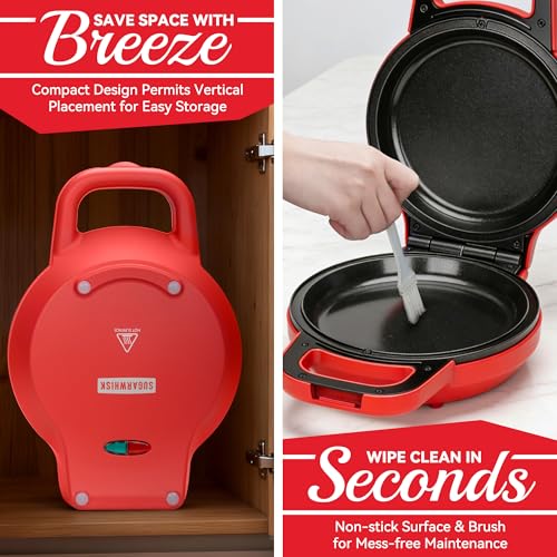 Image of SugarWhisk Flip Pancake Maker Machine, Ceramic Coated Pancake Pan for 6.5 Inch Pancakes, Omelette, Crepe & Quesadilla, Frittata, Double Sided Omelette Pan Nonstick, Red
