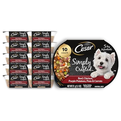 Image of Cesar Simply Crafted Wet Dog Food Toppers, Beef & Chicken, 1.3 oz, 10 Count | Real beef #1 ingredient, 5 key ingredients, no by-products or artificial flavors, slow-cooked, single-serve tubs