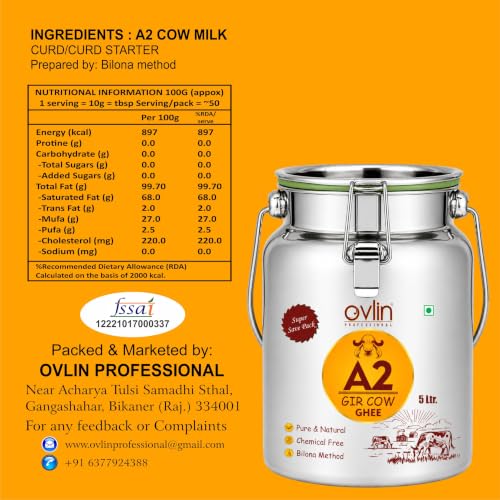 Image of Ovlin A2 Gir Cow Ghee | Traditional Bilona Method | Hand Churned Gir Cow Milk | Pure & Natural Desi Cow Ghee | Chemical Free | Rich Aroma & Taste | Ideal for Cooking & Daily Nutrition 5L
