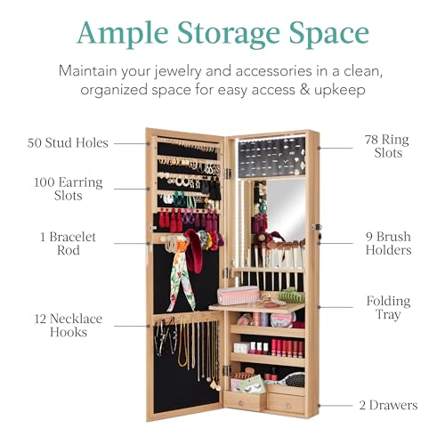 Best Choice Products SKY7182 Led Mirror Jewelry Cabinet, Tall Lockable Wall Or Door Mounted Jewelry Armoire Organizer thumb #3
