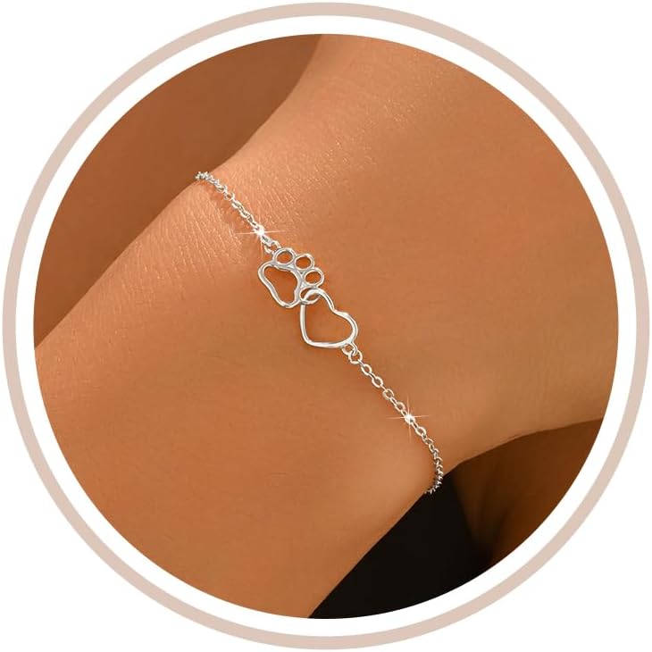 SUYACS 925 Sterling Silver Cat Dog Puppy Pet Paw Print Bracelet for Women Dainty 14k Gold Plated Love Heart Link Bracelet Hollow Animal Paw Charm Chain Jewelry Birthday Gifts to Daughter