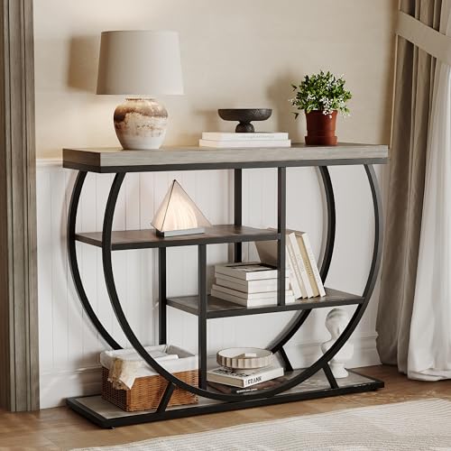 Garvee Entryway Table with Storage, Industrial 4-Tier Narrow Console Table Behind Couch with Half-Circle Base & Storage Shelves for Living Room, Hallway, Foyer Grey