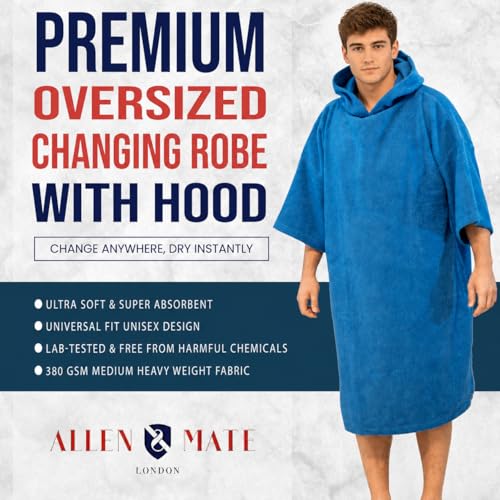 Image of ALLEN & MATE 100% Cotton Hooded Surf Poncho Changing Robe - Quick Absorbent Changing Towel with Pocket for Surfing Men Women
