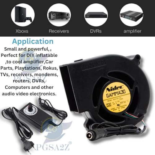 Image of 12V DC Blower Fan, 97x94x33mm, with Variable Speed Controller and AC Adapter, Dual Ball Bearing, for DIY Ventilation & Electronics Cooling