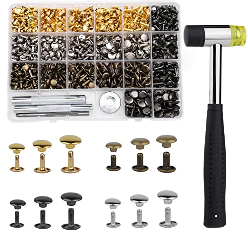 SUVSOON 360 Sets Leather Rivet Kit 4 Colors Double Cap Rivets for Leather 3 Sizes with Rubber Hammer Installation Tool Kit 4 Pieces for DIY Craft Clothes Shoes Decoration and Repair
