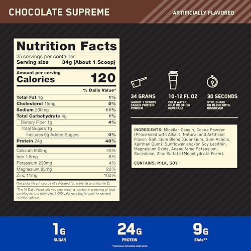 Image of Optimum Nutrition Gold Standard 100% Micellar Casein Protein Powder, Slow Digesting, Helps Keep You Full, Overnight Muscle Recovery, Chocolate Supreme, 2 Pound (Packaging May Vary) | 24g of 100% Micellar Casein Protein Per Serving, Slow Digesting, Helps Keep You Full, Overnight Muscle Recovery, Easy Mixing