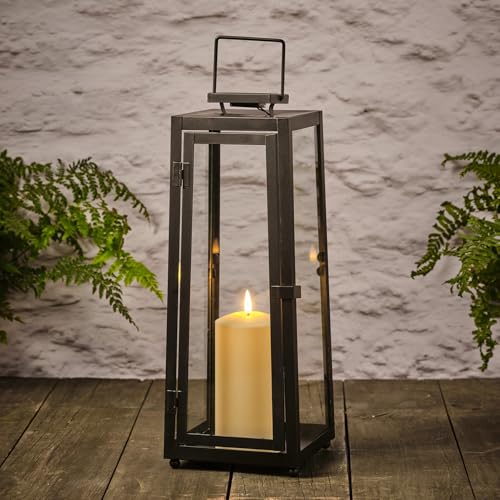 Lights4fun Schwarze Metall Solar Laterne mit LED-Kerze für draußen außen wetterfest Outdoor Garten Balkon Terrasse groß Solarleuchten Solarlampen Gartenleuchten 39,5 cm