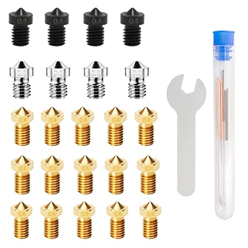 IMETRX 3D Printer V6 Nozzles 3D printer nozzle cleaning kit (23pcs/pack) 0.4MM-0.5MM-0.6MM (Hardened Steel, Stainless Steel, Brass nozzle) for Prusa i3, Anycubic Chiron mega Extruder Hotend